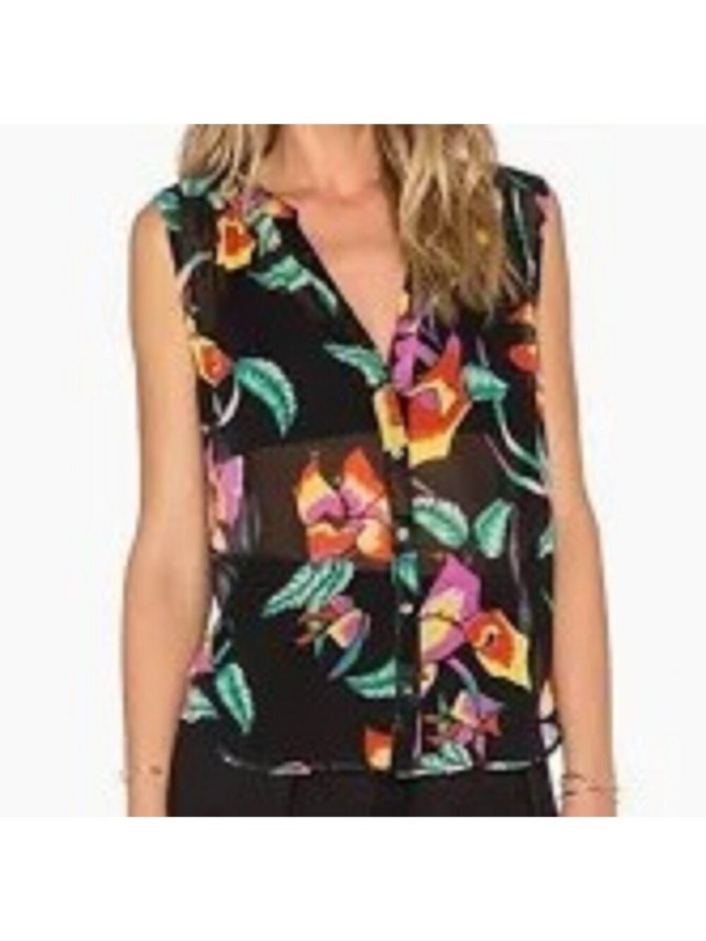 Joie Finnegan Caviar Womens Silk Black Tropical Floral Blouse S Resort Wear Chic